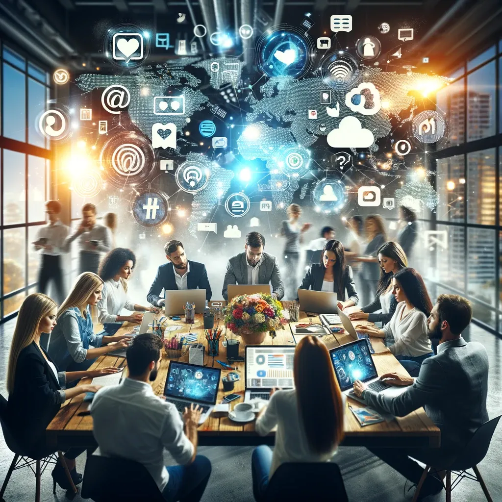 Een dynamische en moderne digitale marketingomgeving met jonge professionals die brainstormen rond een tafel vol laptops en smartphones, met zwevende sociale media-iconen die influencer marketing strategieën symboliseren.