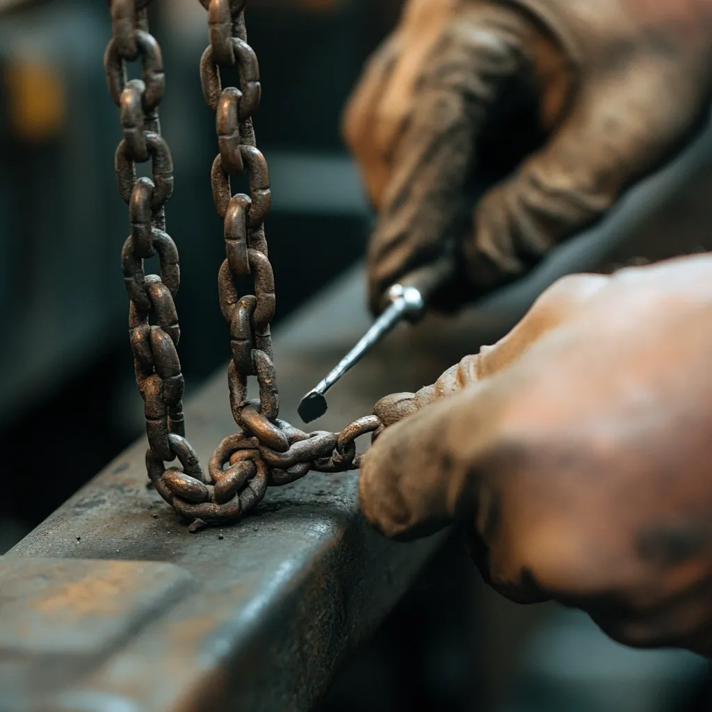 Een ketting met een gebroken schakel die door een reparatietool wordt hersteld, wat staat voor het vervangen van gebroken links door nieuwe, waardevolle content.