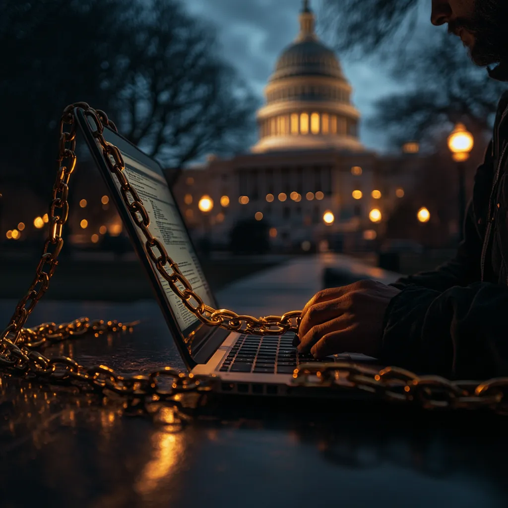 Gastbloggen illustratie. Een persoon die aan een bureau schrijft, terwijl een ketting van goud de laptop verbindt aan een autoritaire website.